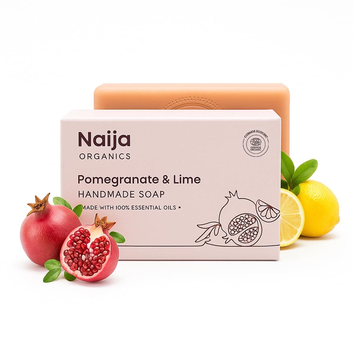 Naija Organics Pomegranate and Lime Natural Bath Soap | Glow Boosting, Anti-Oxidant Rich, Chemical-Free Body Soap Bar | Handmade Soap | ECOCERT Certified | for Men & Women, All Skin Types - 100g