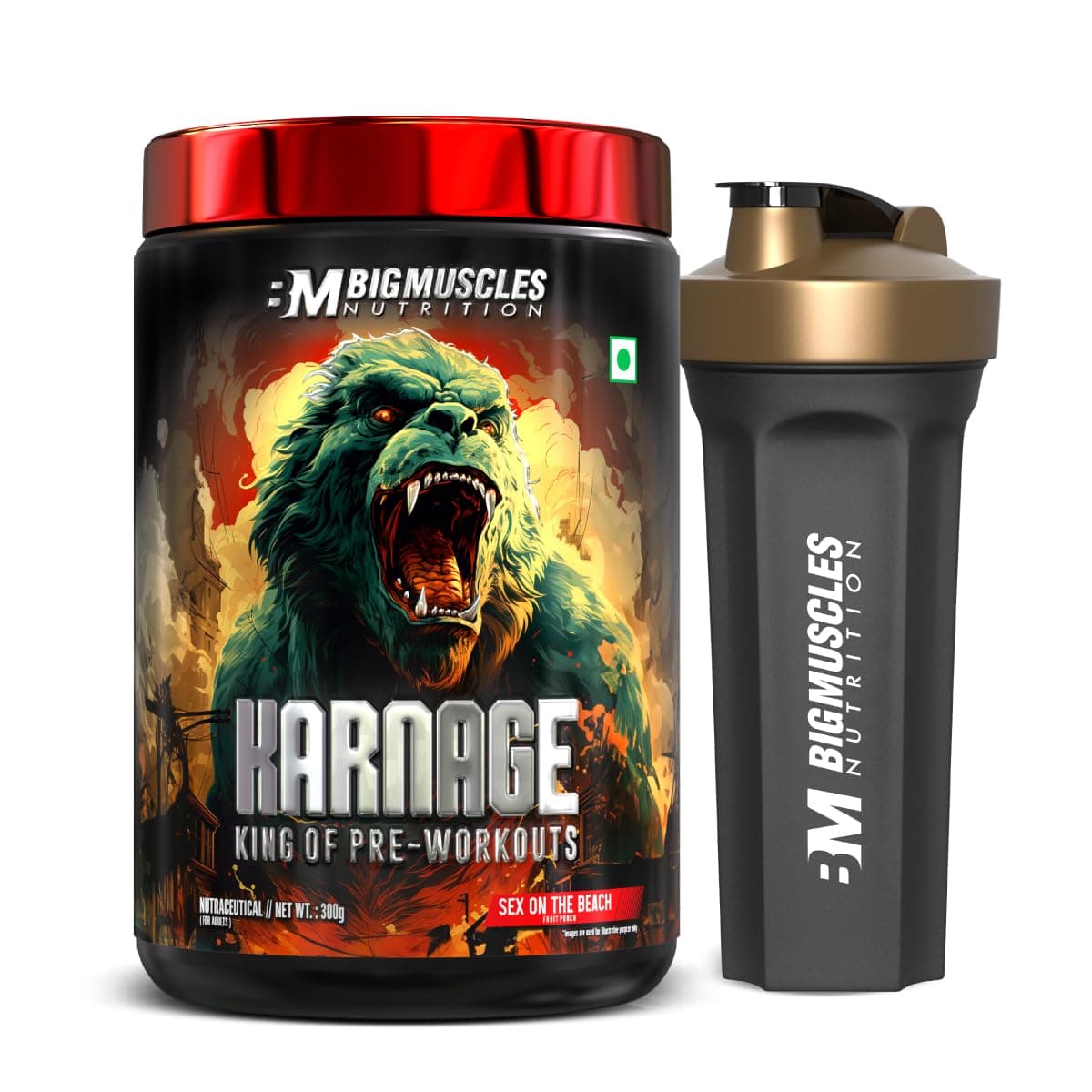 Bigmuscles Nutrition Karnage Pre-Workout (60 Servings, Sex On the Beach) | Shaker Combo | 300g