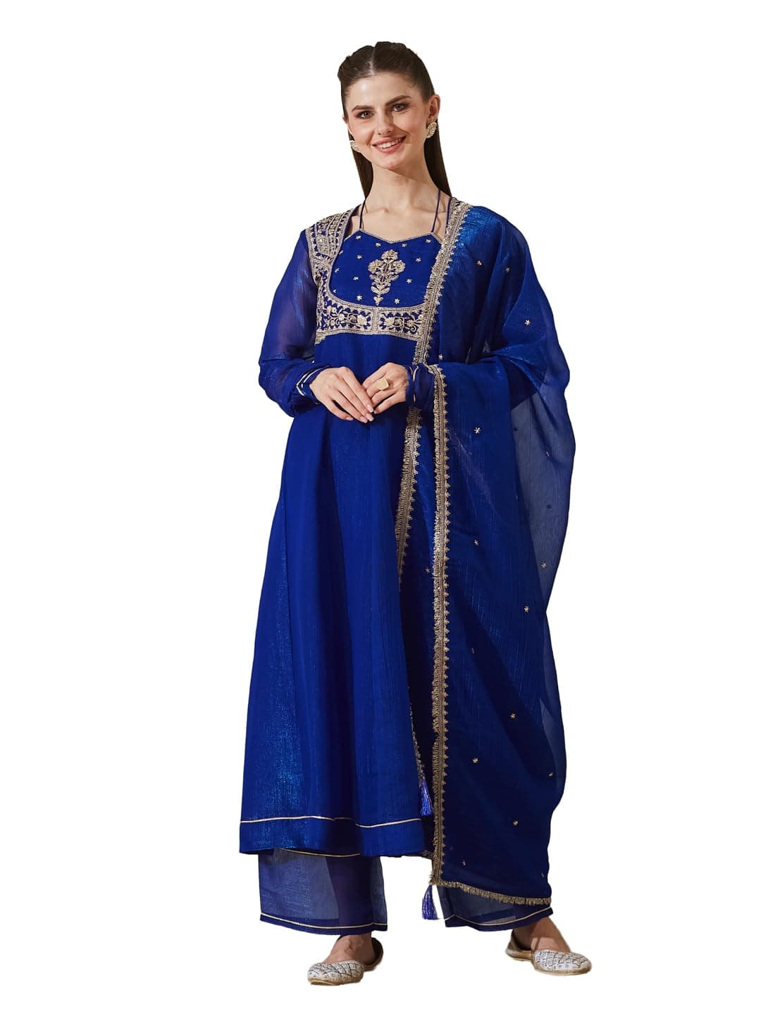 MOKOSH Women's Silk Embroidered Anarkali Kurta Set | Kurta with Palazzo & Dupatta | Ethnic Kurta Set for Women | 3 Piece Outfit | Queen Anne Neck Full Sleeve Ethnic Suit
