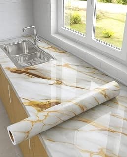 Premium Waterproof DIY Wallpaper & Wall Stickers for Home & Kitchen Countertop Furniture - Oil Proof Kitchen Stickers | Size(60x200cm) (White Gold)