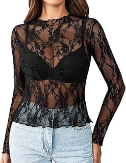 SANNIDHI Mesh Long Sleeve Top for Women, Lace Sheer Tops See Through Mock Neck Floral Embroidery Sheer Blouce Fishnet Shirt Floral Lace Tops(Not Include Bra!)