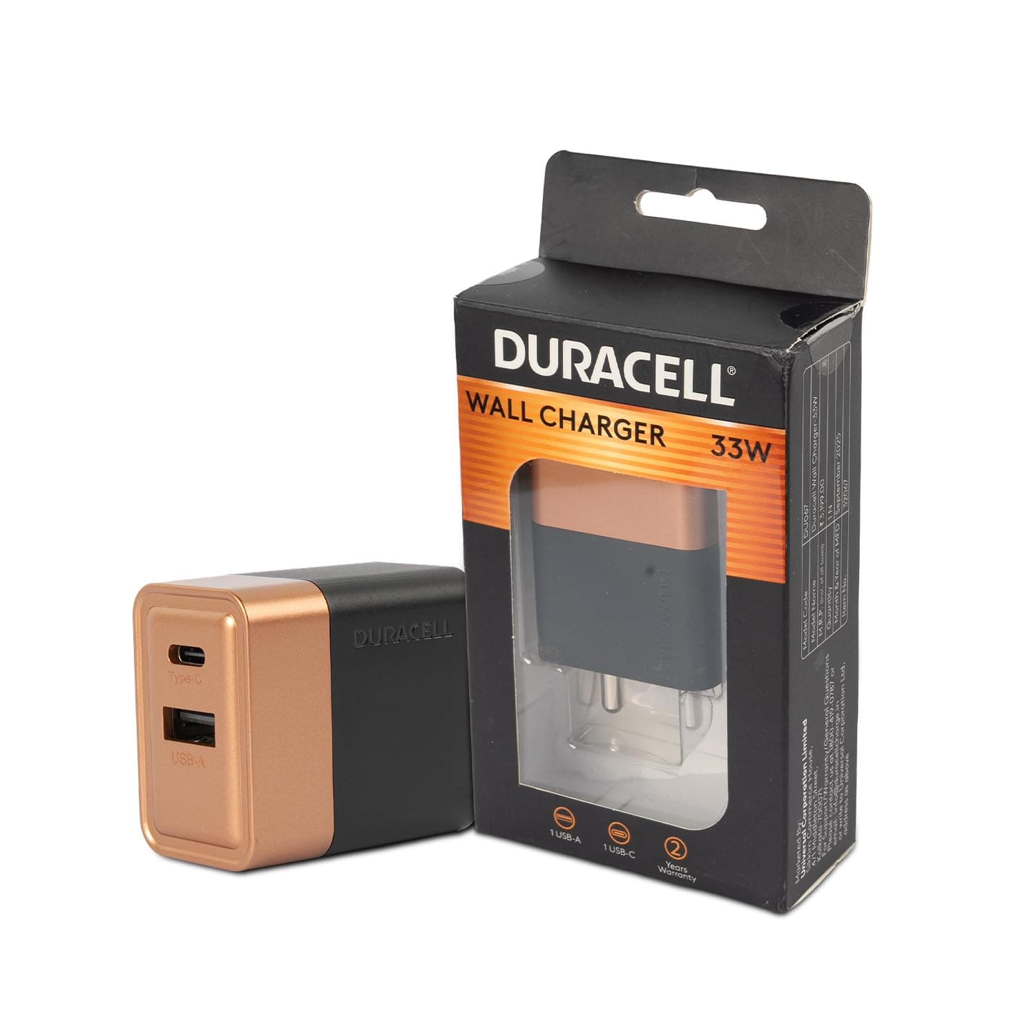DURACELL 33 Watts Fast Wall Charger Adapter, 1USB C, 1 USB A, Fast Charging Compatible with iPhone, iPad, Samsung Galaxy, Note, Redmi, Mi, Oneplus, Oppo, Vivo Smartphones, DU067