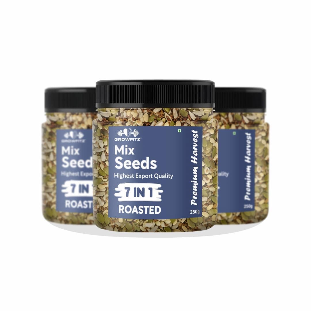Growfitz 7-in-1 Super Seed Mix | Pack of 3 (250g Each)| 24.4g High Protein & Fiber | Roasted Pumpkin, Sunflower, Flax, Chia, Soy Nuts & Sesame | Healthy Snack |