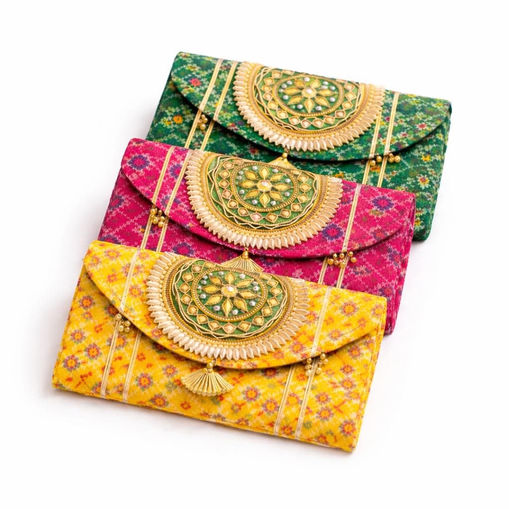 JAIPUR ACE Women Ethnic Embroidered Clutch Bag with Golden Handwork & Tassel | Traditional Wedding, Party & Festive Shagun Purse| Return Gift Clutches (Pack of 3)
