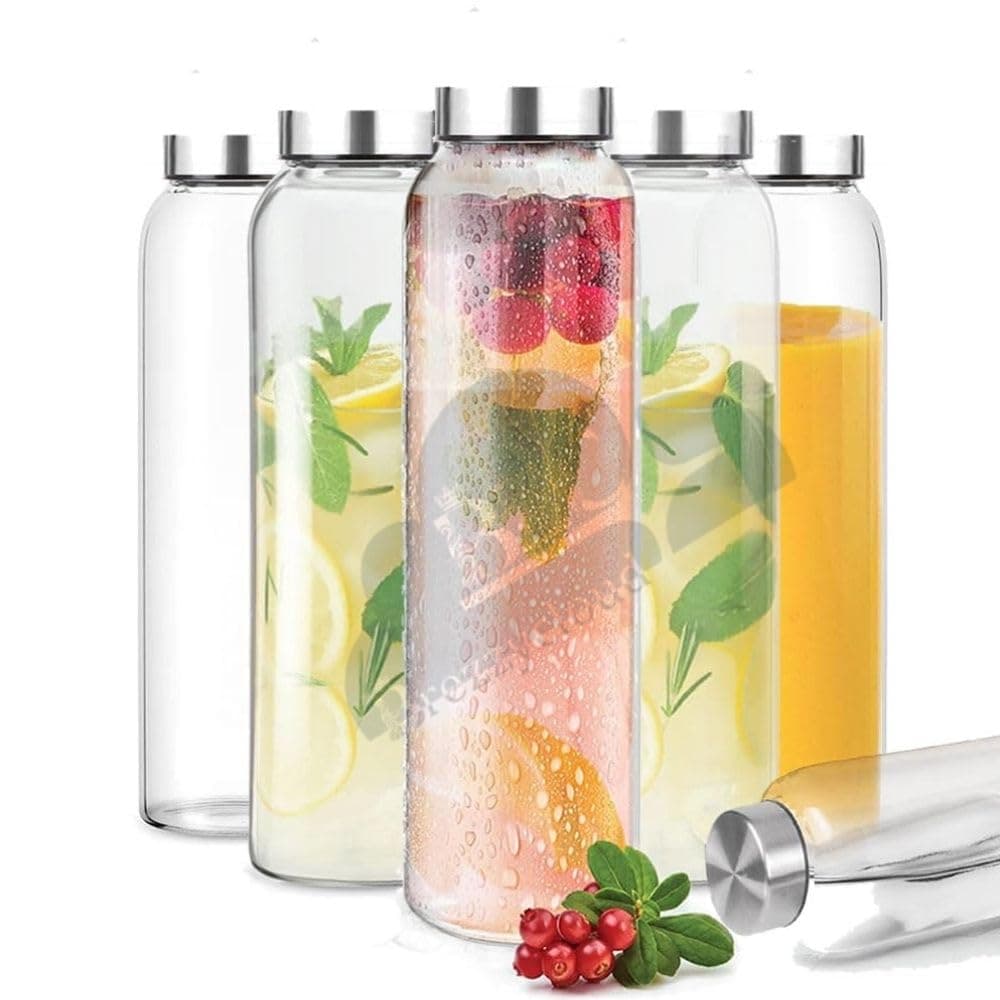 Brezzycloud Glass Water Bottle for Fridge with Steel Cap,Set of 6, 800ml | Leak proof & detox water bottle glass | Wide mouth & Easy to Clean | Best Usage for Office/School/College | Clear