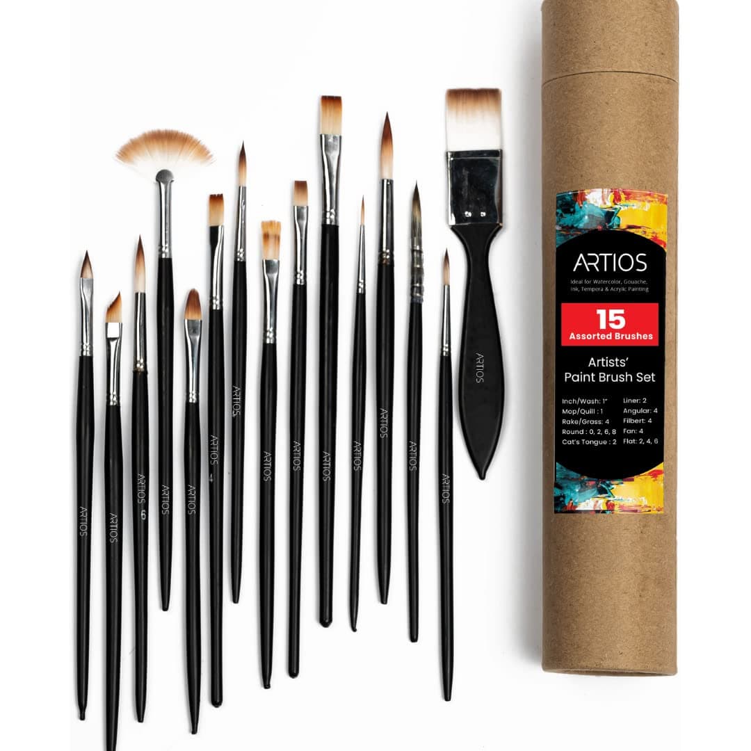 ARTIOS Handmade Professional Artist Painting Brush Set for Acrylic, Watercolor, & Gouache Painting with Brush Holder - Cruelty-Free (15 Assorted Brushes)(Wood), Synthetic Bristle