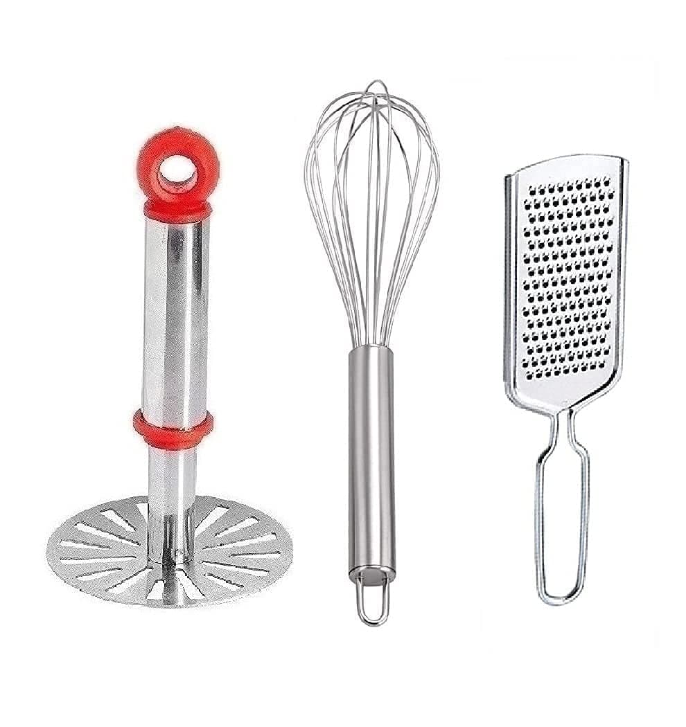 Combo of Potato Vegetables Pav Bhaji Masher with Stainless Steel Egg Beater Whisker & Mini Cheese Grater-(3 Items)