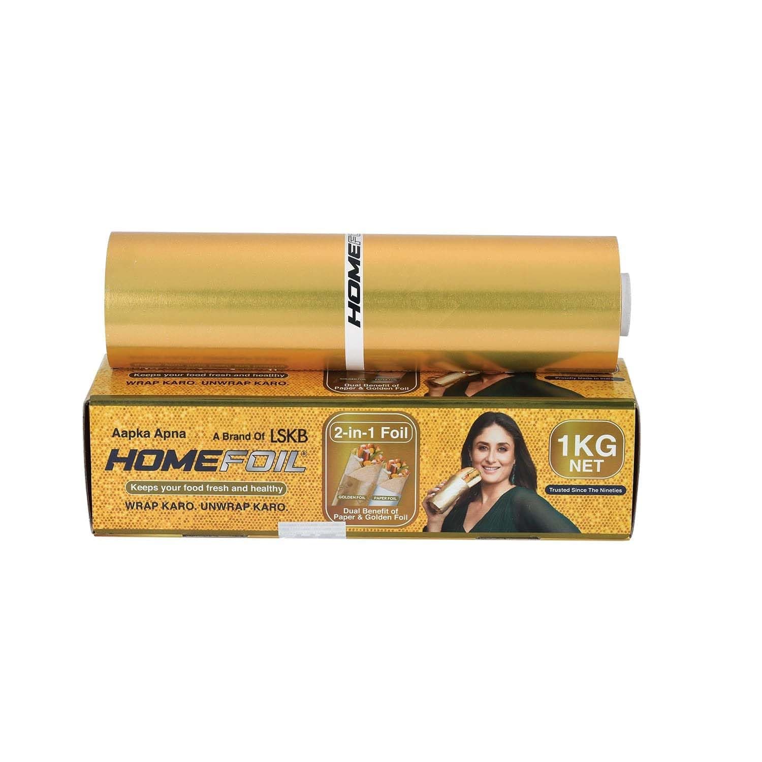 HOMEFOIL 2-in-1 Paper & Golden Converted Aluminium Foil (1 KG Net) for Food Packing | Keeps Food Fresh | Ideal for Food Wrapping, Packing, Storing and Serving | 62.13 Meter Net Guaranteed Length