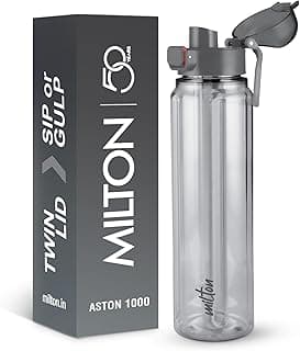 MILTON Aston 1000 BPA & BPS-Free Water Bottle 1 ltr | Food-Grade Plastic | One-Click Open | Leak-Proof | Sip & Gulp Lid I Ideal for Office, School, College, Gym, Grey