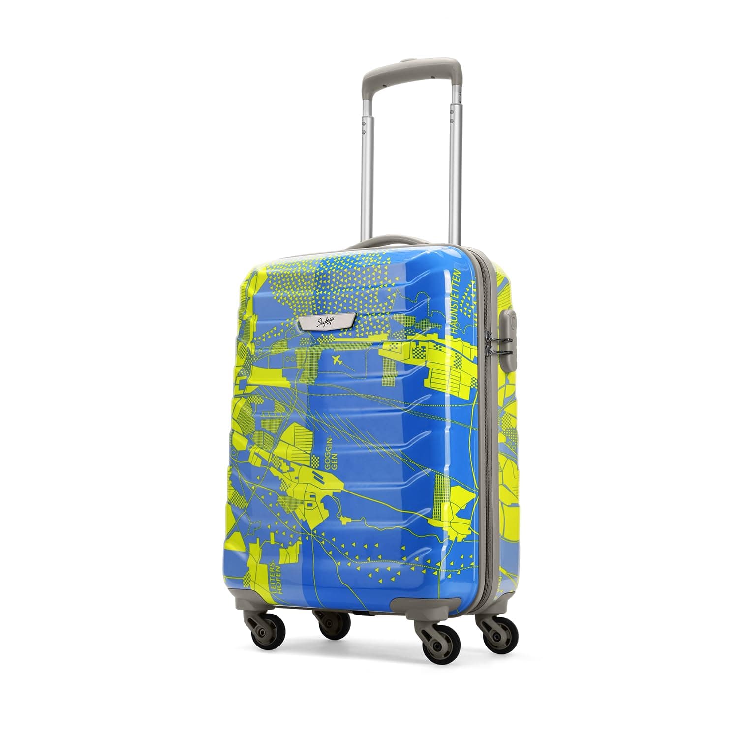 Skybags Cabin Trooper Abs Hardshell Luggage (55 Cm) | Printed Luggage Inline Trolley Bag with 4 Wheels and Resetable Combination Lock | Unisex, Blue & Yellow, Small