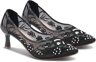 SilverArrow womens Lovelle Embroidered Kitten Heels for Women | Elegant Mesh Dress Shoes with Floral Detailing