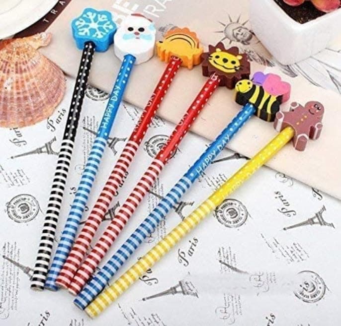 TERA 13 Gifts Pencil Set (6 pcs) With Eraser for Kids - Black Cartoon Rubber Eraser for Girls & Boys Birthday Return Gift - Stationery Items