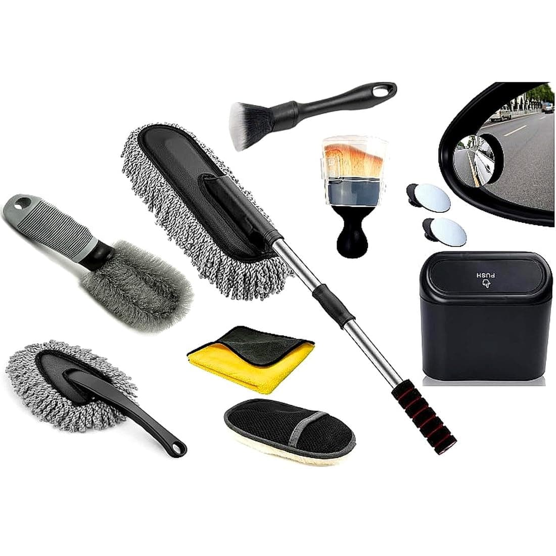 9Pcs Car Cleaning Kit with Microfiber Duster, Detailing Brushes, Microfiber Towel & Car Dustbin – Complete Car Wash Cleaning Tools Set for Interior Exterior, Dashboard, Wheel, Tire, SUV, Truck & Bike