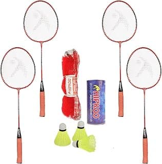 Hipkoo Sports Standard Aluminum Badminton Rackets Set of 4| Wide Body Shuttle Bat with Cover, 3 Shuttles and Net| Ideal for Beginner| Lightweight and Sturdy| Red