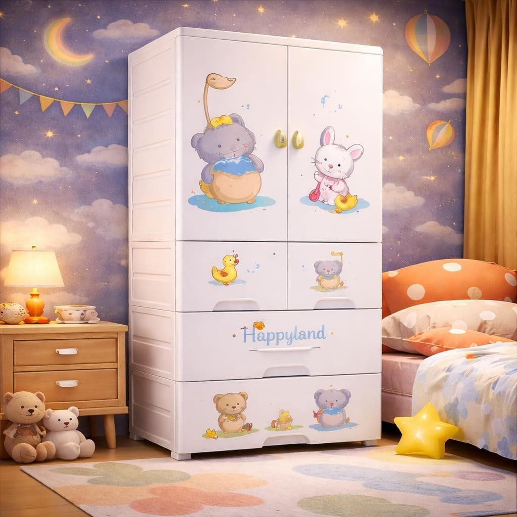 Mevigo 4- Door Plastic Wardrobe for Kids| Almirah and Wardrobe for Baby Clothes| Modular Storage Cabinet with Wheel Organizer for Cupboard Rack for Clothes/Shoes/Books/Toy-Funny Bear-SJ6514