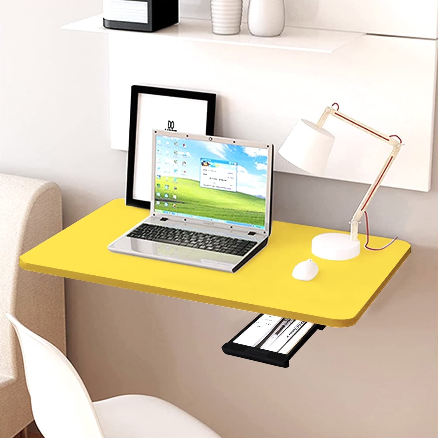 Torche 16x24 Inch Wall Mounted Folding Round Corner Study Table with Drawer—Foldable Laptop Desk for Home & Office, Space-Saving & Stylish