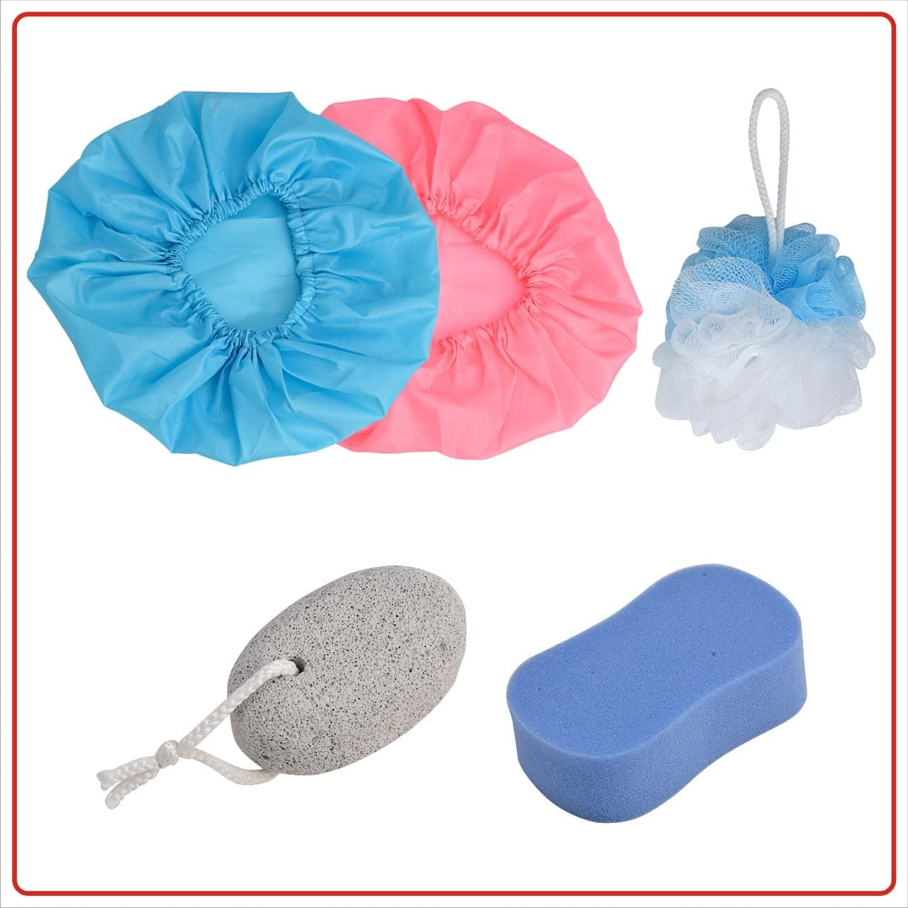 Runa Blue Wash Shower Cap Reusable Waterproof for Bathing Swimming (2)| Loofah for bathing Men and Women (2)| Body Wash Face Sponge (1)| Pumic Stone Foot Elbow Scrubber (1) Combo of 4 (unit 6)