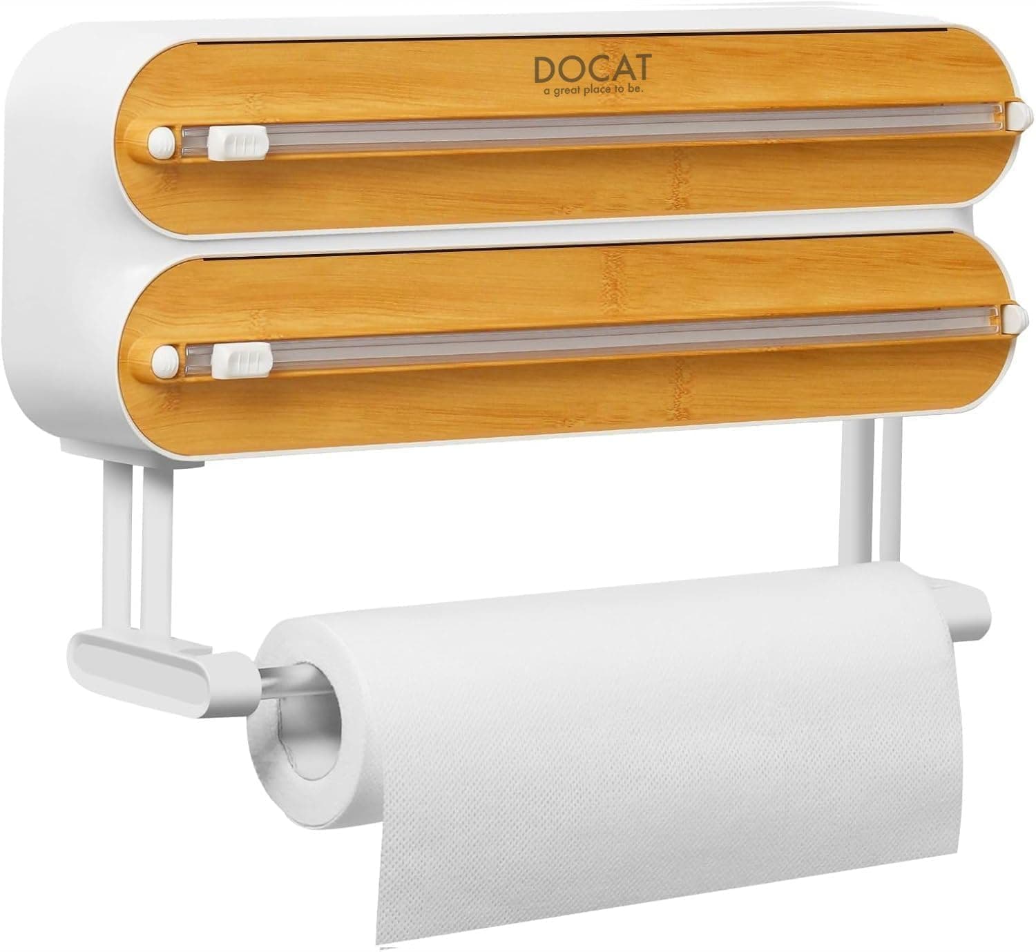DOCAT Foil Paper Cutter and Holder, 3 in 1 Magnetic Aluminum Foil and Plastic Wrap Organizer with Paper Towel Holder, Compatible with Cling Film, Tin Foil and Wax Paper (Wooden)