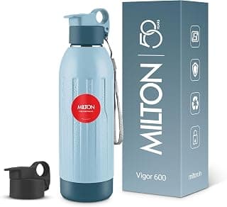 MILTON Steel Vigor 600 Thermoware PU Insulated, Two Leak Proof Lid, Water Bottle, for Office, Gym, School, 520 ml, Light Blue