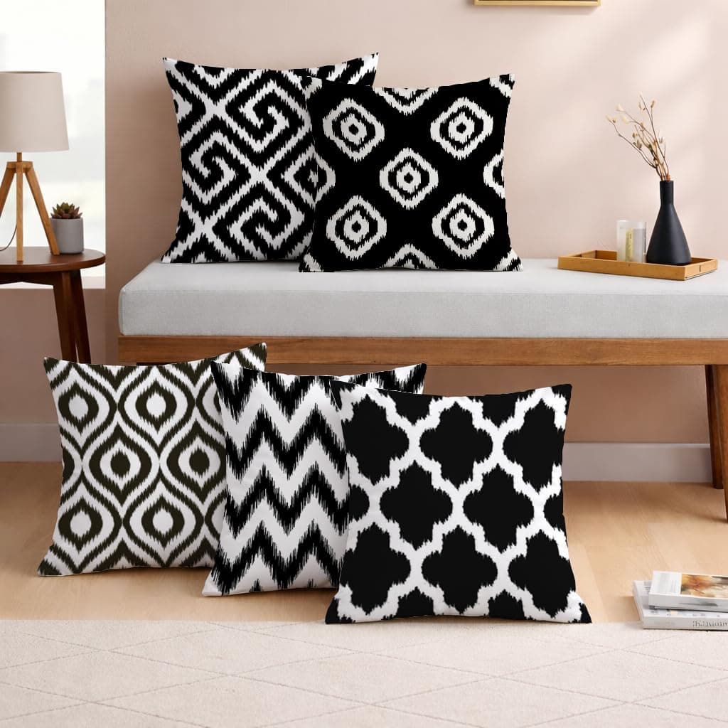 STITCHNEST Set of 5 Polycotton Cushion Covers – 16x16 Inches – Black & White Ikat Geometric Print – Elegant Cushion Covers for Sofa & Living Room | Perfect for Home Decor