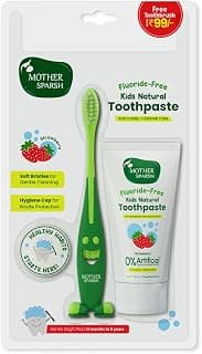 Mother Sparsh Natural Toothpaste for Kids-50g, Strawberry (With Free Toothbrush) | Strengthens Gums, Whitens Teeth | Preservative & Fluoride Free Baby Toothpaste | Anti Cavity + Enamel Care