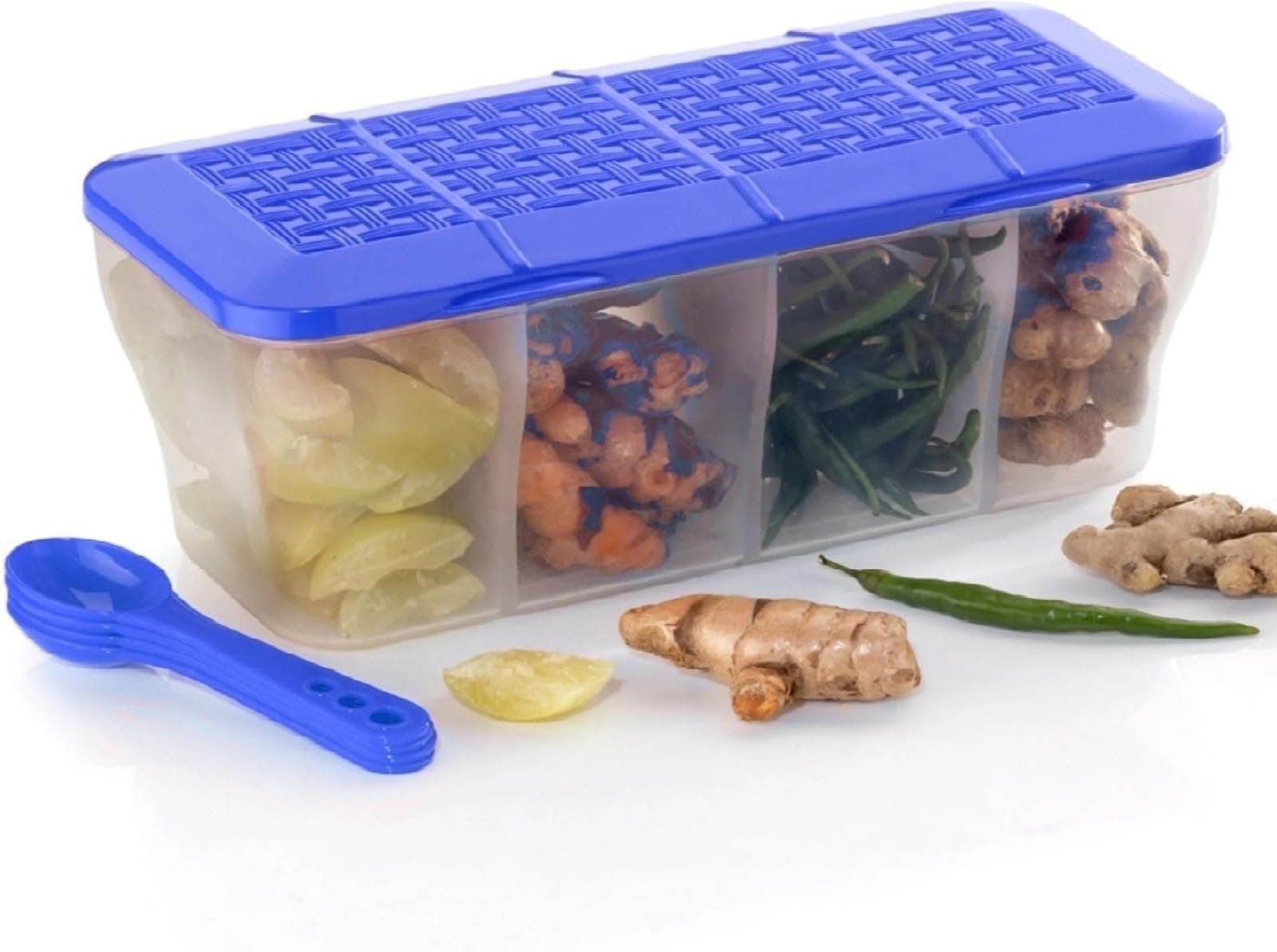 THE ORGANISER COMPANY Multipurpose Plastic Masala Box with 4 Spoons | Spice Storage Container with Compartments (Blue, 4 Commpartment Masala Container)