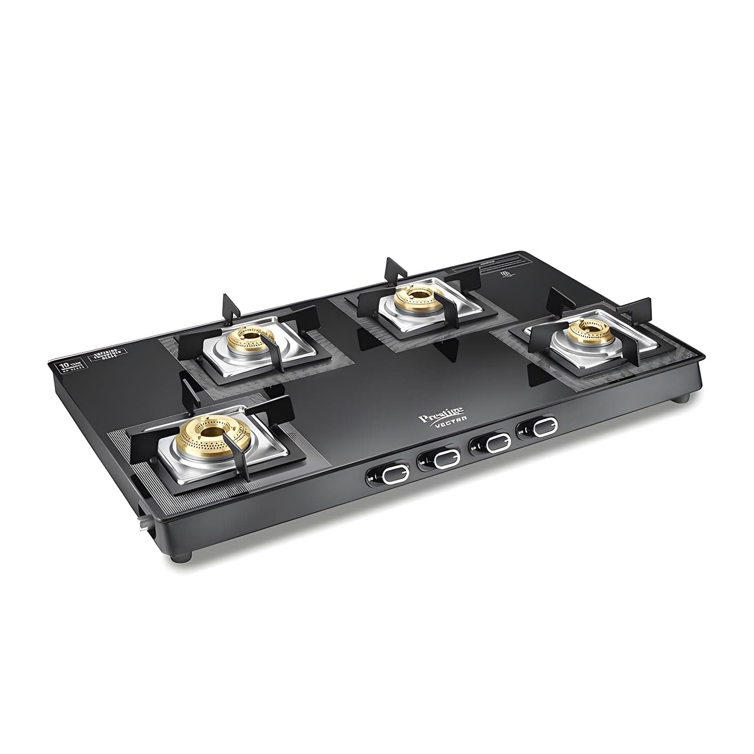 Prestige Vectra 4 Burner Glasstop Gas Stove|Superior Toughened Glass|Jumbo Brass Burner|3-Way Gas Inlet|360 Degree Revolving Nozzle|10 Years Warranty on Glass|Black,Manual