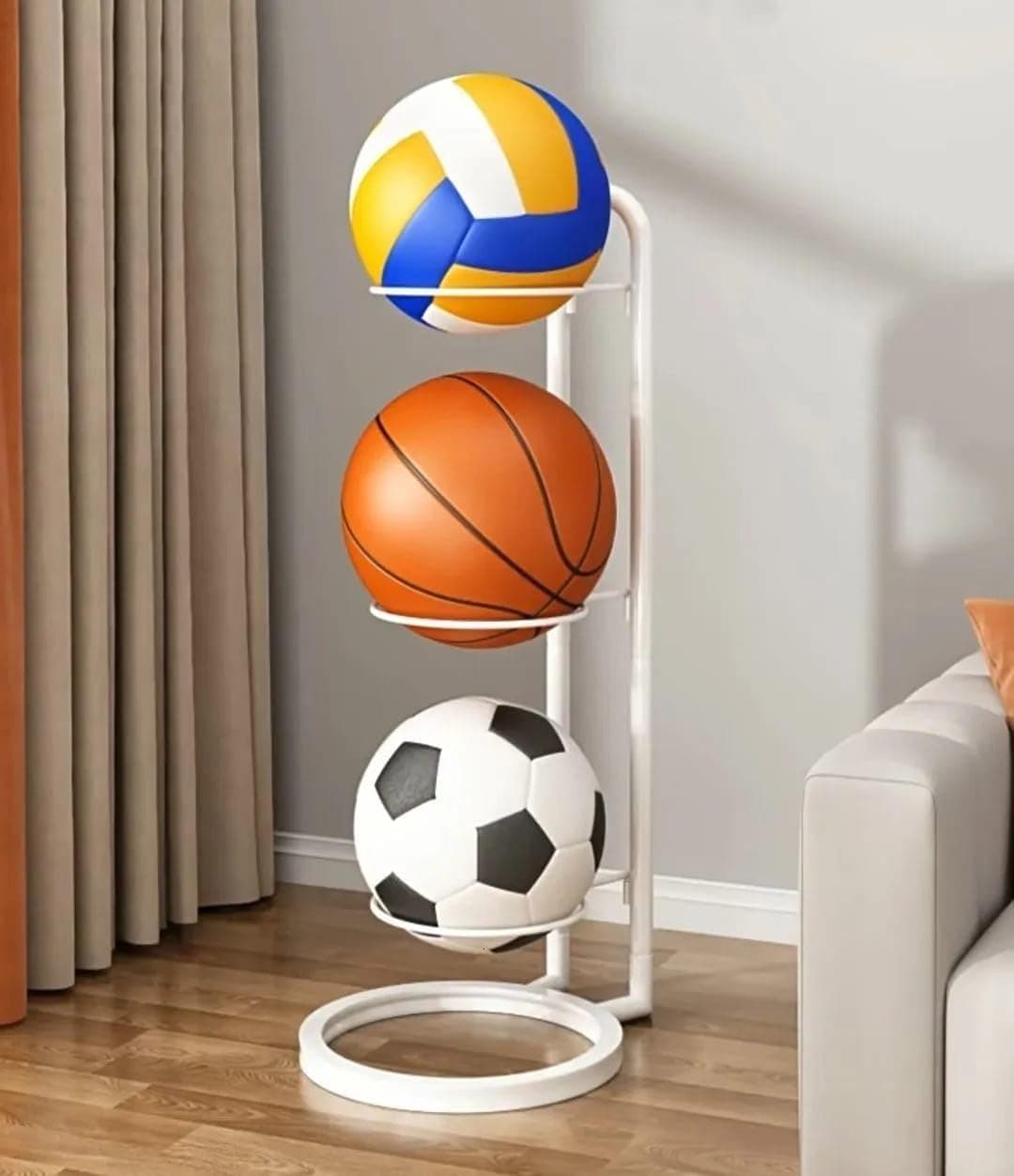 ARHAT ORGANIZERS 3 Tier Sports Ball Stand, Modern Vertical Metal Ball Storage Rack – Holds Basketball, Volleyball, Football – Space-Saving Organizer for Home, Gym, Sports Room