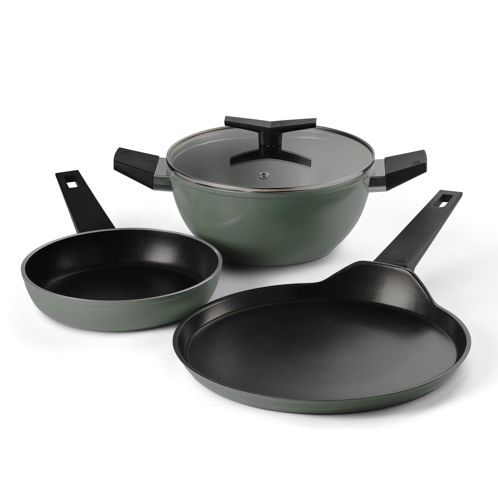 Tramontina Aura 4-Pc Cookware Set : 24cm Kadhai + Lid, 24cm Frypan, 28cm Dosa Tawa | Reinforced Ceramic Non-Stick | Quick & Even Heat | Low-Oil Cooking | Gas & Induction | Sea Green
