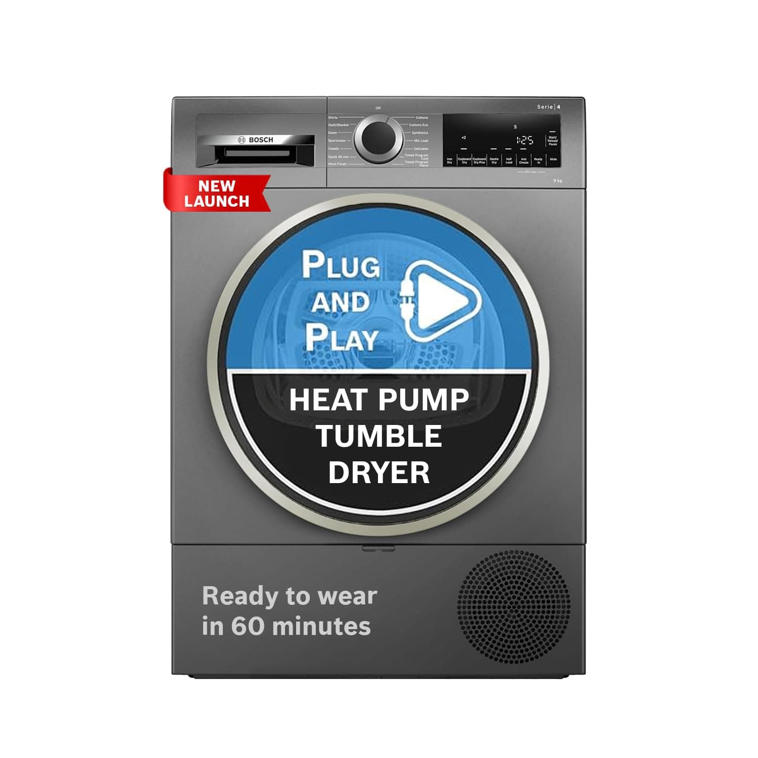 Bosch 9 kg Front Load Fully-Automatic Heat Pump Tumble Dryer, 100% Drying, 5 Drying Options, Reduces 99.9% Allergens, Ready-to-Wear, Cast Iron Grey, WQG2420RIN (2026 Model)