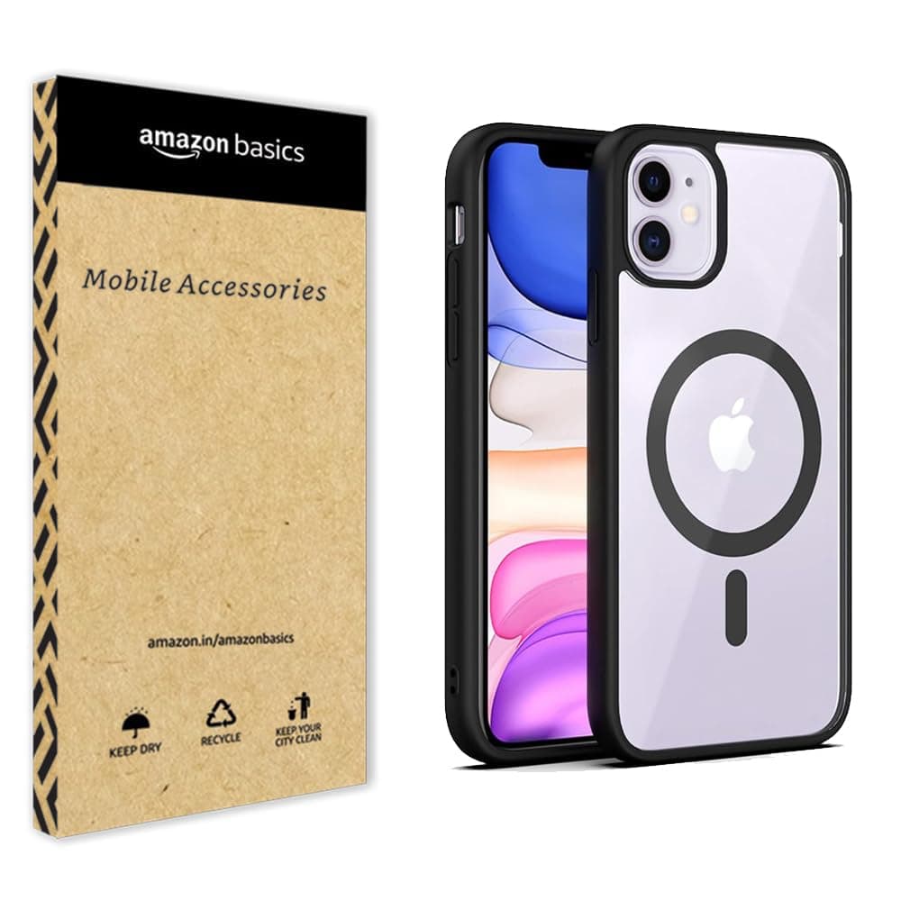 amazon basics Mag-Safe Case Compatible for iPhone 11 Cover | Transparent Ultra Hybrid Drop and Camera Protection Back Cover Case Compatible for iPhone 11 (Black)