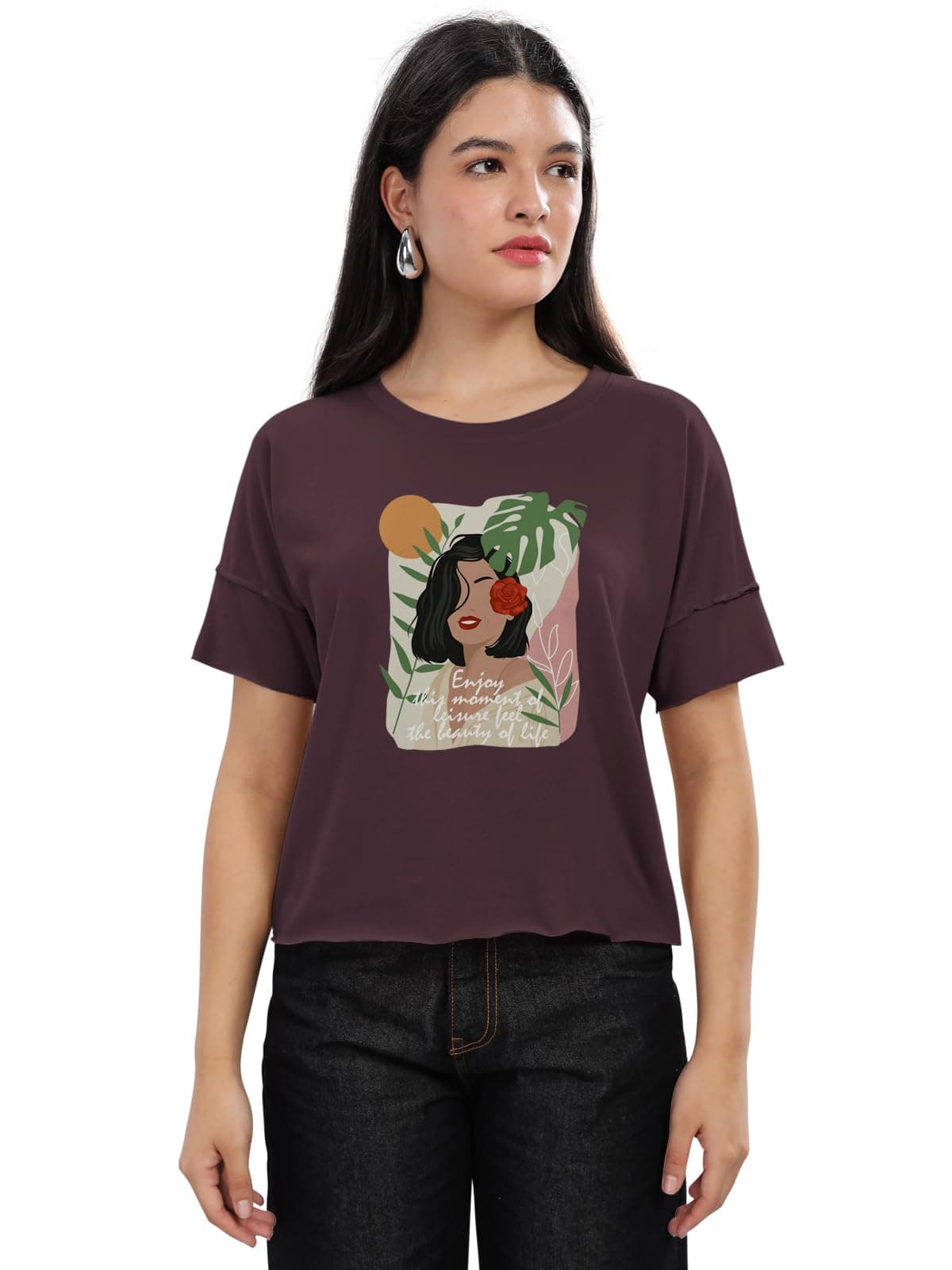 HELLCAT Printed Regular Fit Raw Edge Crew Neck Crop T-Shirt for Women