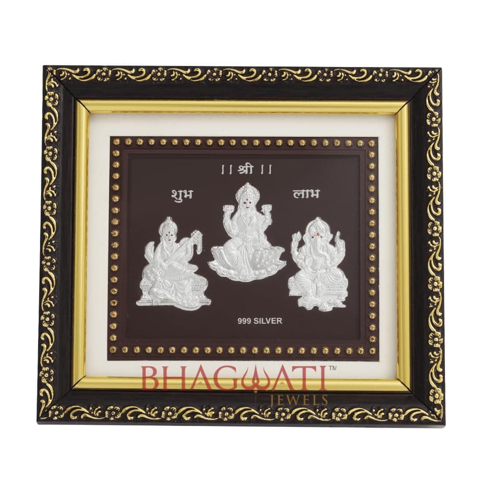 BHAGWATIJEWELS 999Pure Silver laxmi Ganesh Sarswati Photo Frame for Home & Office | Premium Silver | PoojaRoom & Wall Decor | Wedding & Festival Gifts | Certificate Included | Tabletop Size 5.5x5 inch