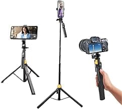 DIGITEK® (DTR-555 SS) 5.57ft Foldable Tripod Selfie Stick for Smartphones & Gopro Action Cameras, 360° Rotation, 3-Leg Base, 2Kg Load, 10m Wireless Remote, 7 Section Adjustable, for Selfie & Vloggers