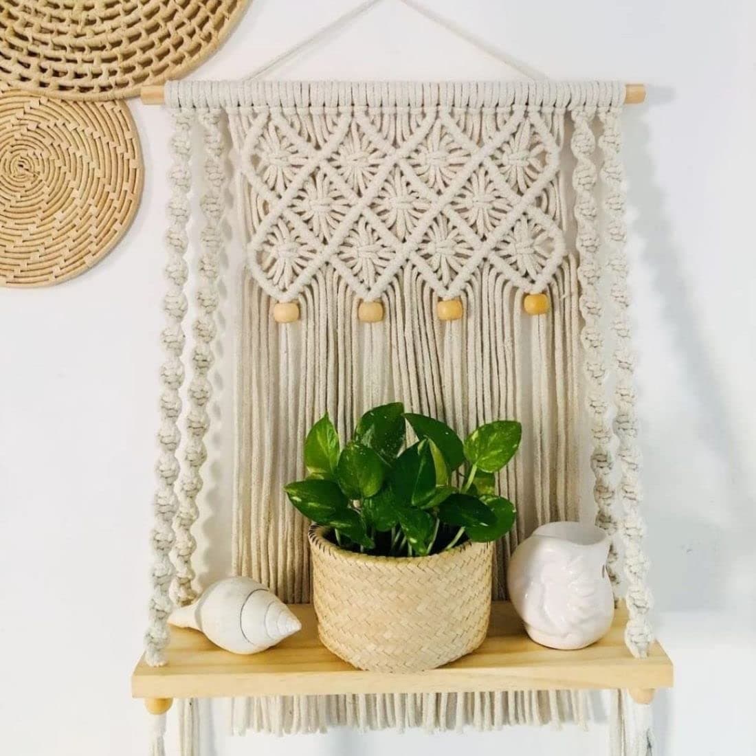 tms Unique Design Boho Handmade Macrame Hanging Decor Wall Decor Floating Shelf for Books and Planters Livingroom, Bedroom - Off-White - 12Wx5Dx24L inches (Wooden Beads)
