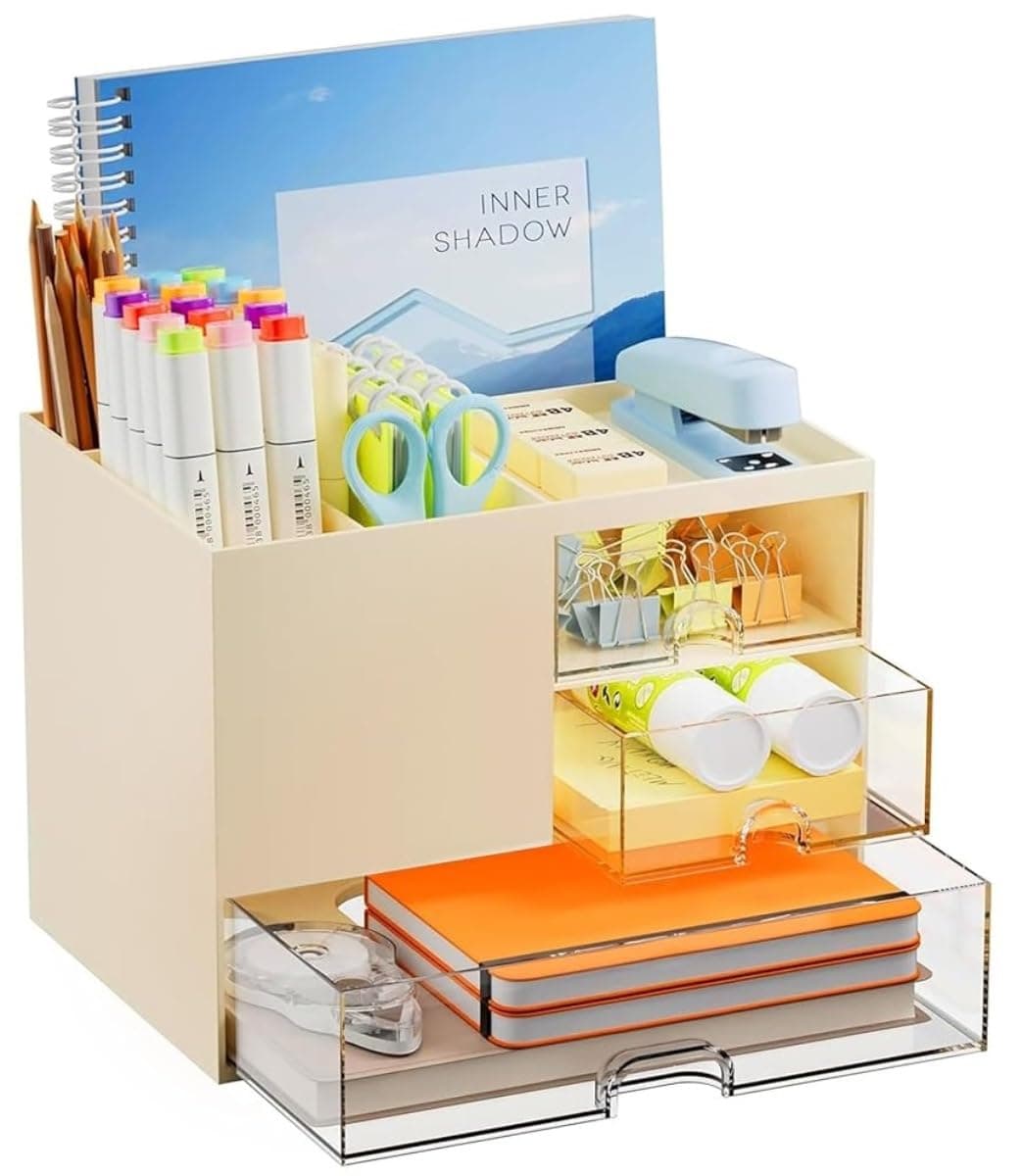 Shuttle Art Pastel Beige Desk Organizer with 3 Drawers|Multi-Functional Stationery Organizer for Study Table, Office Desk, Makeup Storage & Work-from-Home Setups|Aesthetic Desktop Storage Box,Plastic