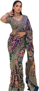 Vinayak Textile Women's Blue Green Pink Multicolored Ajrak Digital Prined Real Mirror And Latkan Worked Saree With Blouse