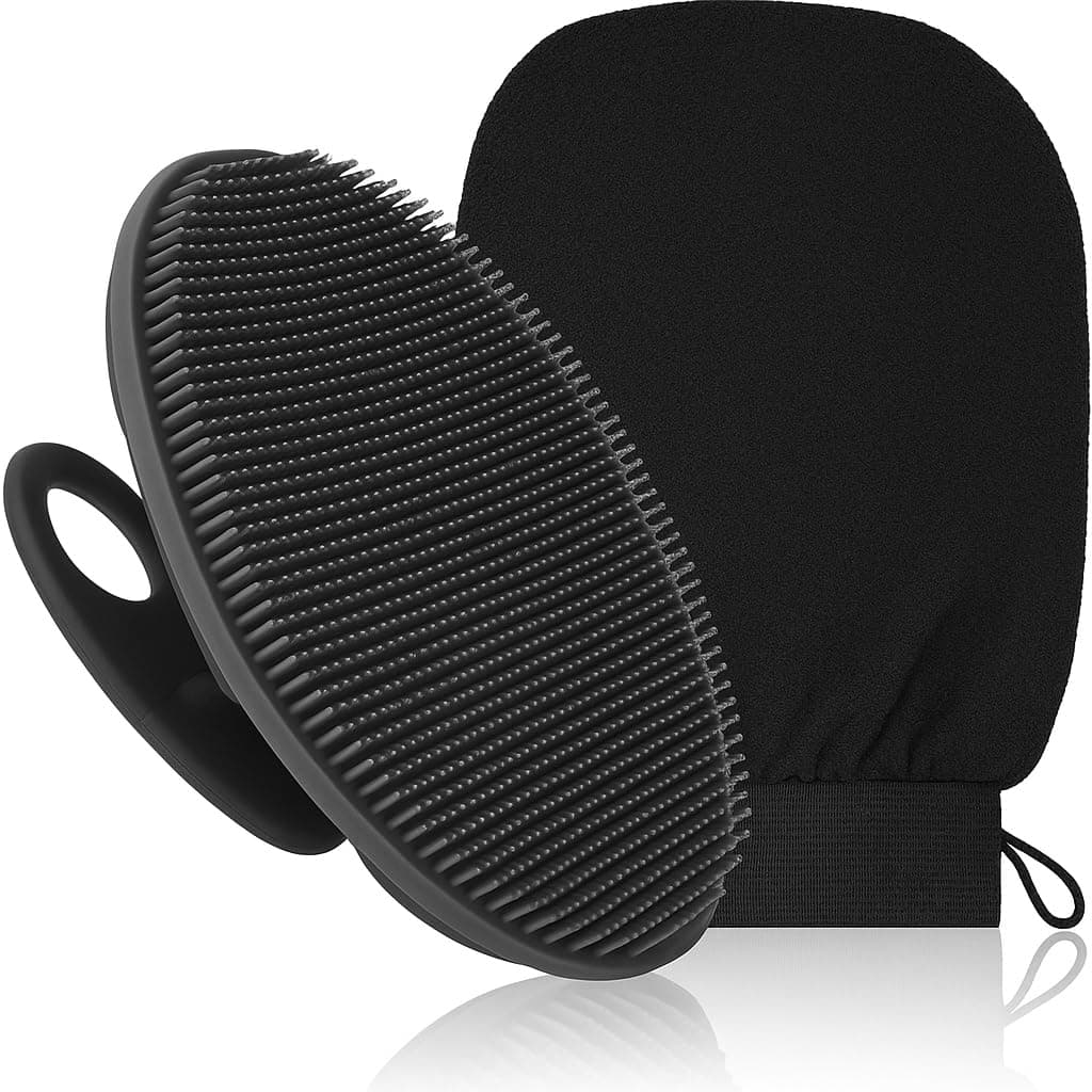 LISHER Combo of exfoliating bath glove and silicone body brush for deep cleansing Removes dead skin, dirt, and impurities gently. Improves blood circulation and stimulates skin Durable, reusable, and easy to clean. Suitable for men, women, and all skin types.