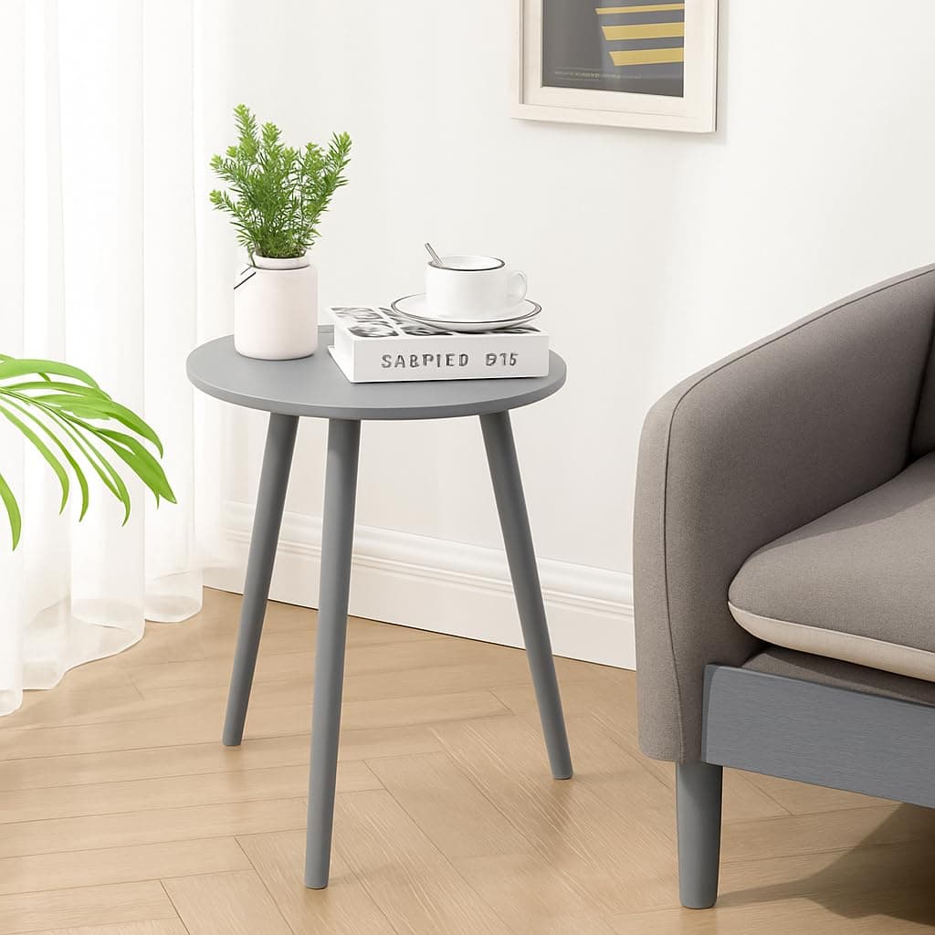 LIVINGLOOM Plant Stand Plants Holder Modern Side Table, Wood, Round Top, Nightstand Sofa Coffee End Table for Living Room, Small Spaces, Easy Assembly Bedside Table Bedroom Decor (Full Grey)