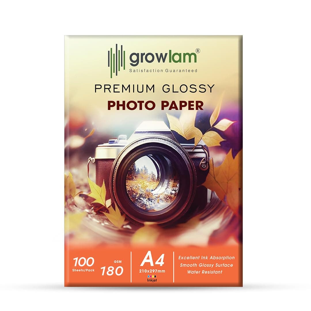 Growlam Premium Glossy Photo Paper 180 GSM 4R Size, 100 Sheets (Pack of 1) | Inkjet Compatible, Perfect Image Rendering, Vivid & Sharp Colour Outputs