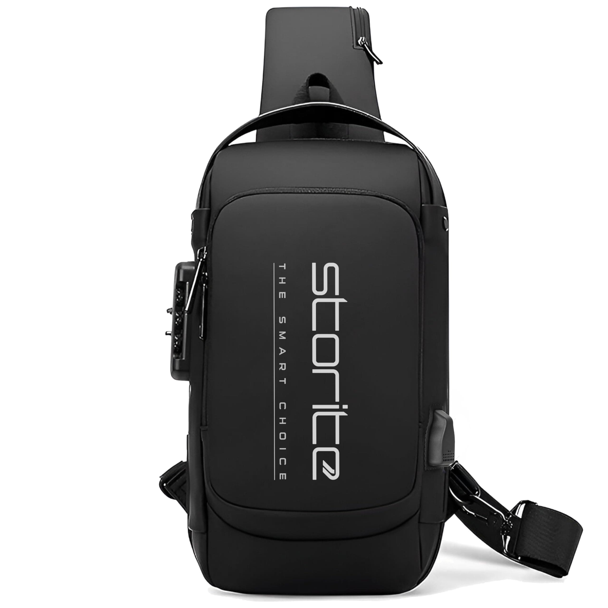 Storite Crossbody Chest Bag for Men & Women, Black, 17x9x32 cm | Durable Polyester, Anti-Theft Design, USB Charging Port, 5 Zipper Pockets, Adjustable Strap, Travel, Office, Daily Use