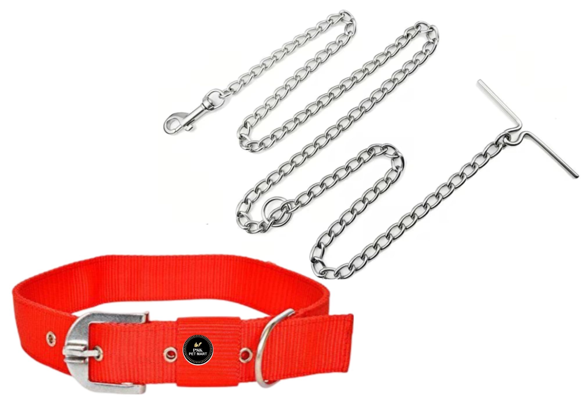 PSK PET MART Pet Belt Combo of Dog Collar Belt with Chain Nylon Collar with Heavy Pet Chain (Red, Pona Inch)