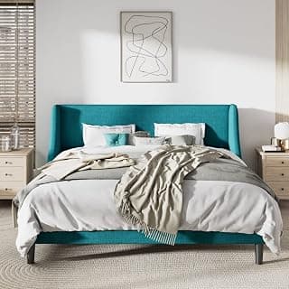 Low Profile Upholstered Platform Queen Size Bed Without Mattress for Bedroom |Double Bed |Queen Size Bed Furniture | (Turquoise, Engineered Wood)