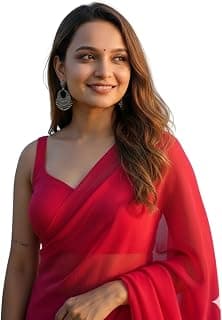 XOIPED Women's Plain Pure Georgette Saree With Unstitched Blouse Piece. Lightweight Plain Saree For Party, Wedding (Red)