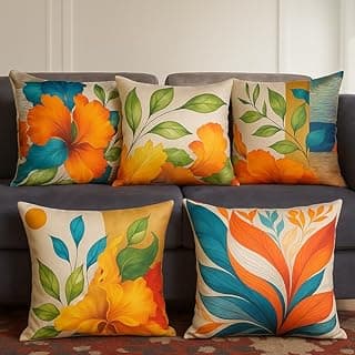 3D Decorative Satin Sofa Cushion Covers Set of 5, 16 inch x 16 inch, Sofa Cushion Pillow Cover, Beige, Green and Blue, Floral Design, Zipper Closure (Camira, 16X16 Inches)