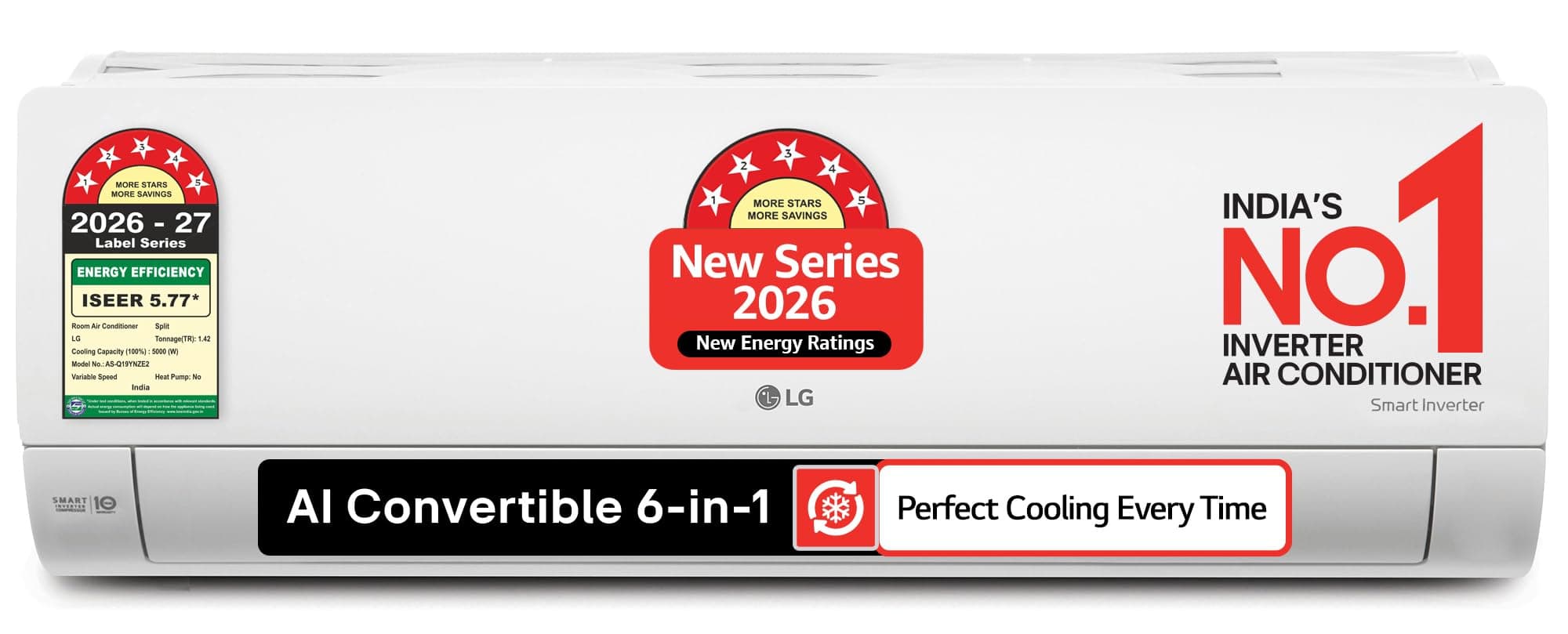 LG 1.42 Ton 5 Star, New star rated, Smart Inverter Split AC (Copper, AI Convertible 6in1, 5000 W, Faster Cooling & Energy Saving, 4 Way Swing, HD Filter with Allergen Protection, AS-Q19YNZE2, White)