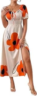 GRECIILOOKS Summer Dress for Woman | Boho Square Neck Long Dress | Women's Puff Sleeve Floral Printed A Line Maxi | Elegant Tie Front Slit Outfit | Comfortable Beach, Vacation, Party & Holiday Outfit