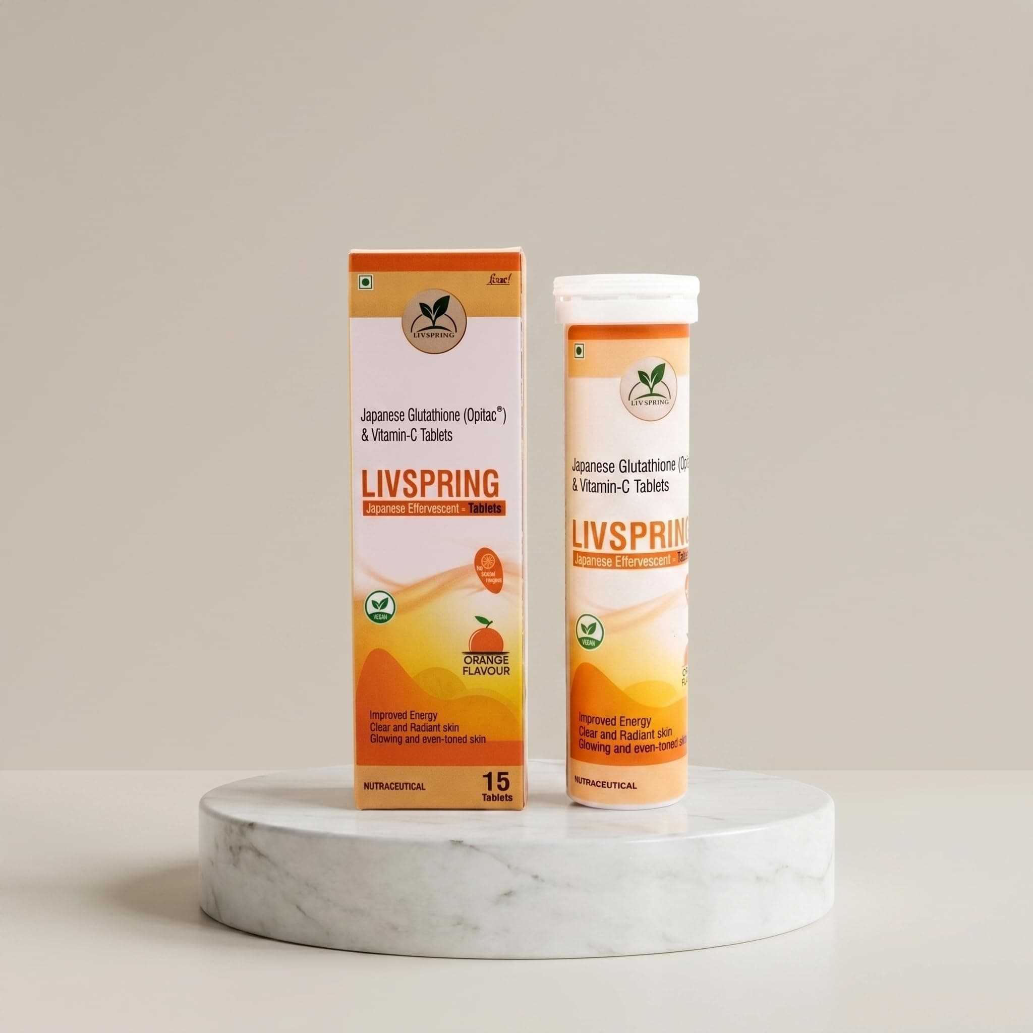 LivSpring L-Glutathione Effervescent Tablets for Skin Brightening, Anti-Aging & Pigmentation | 500mg Patented Japanese Glutathione - Opitac®, Vitamin C, | Radiant Skin & Dark Spot Reduction | Orange Flavour | 15 Vegan Tabs