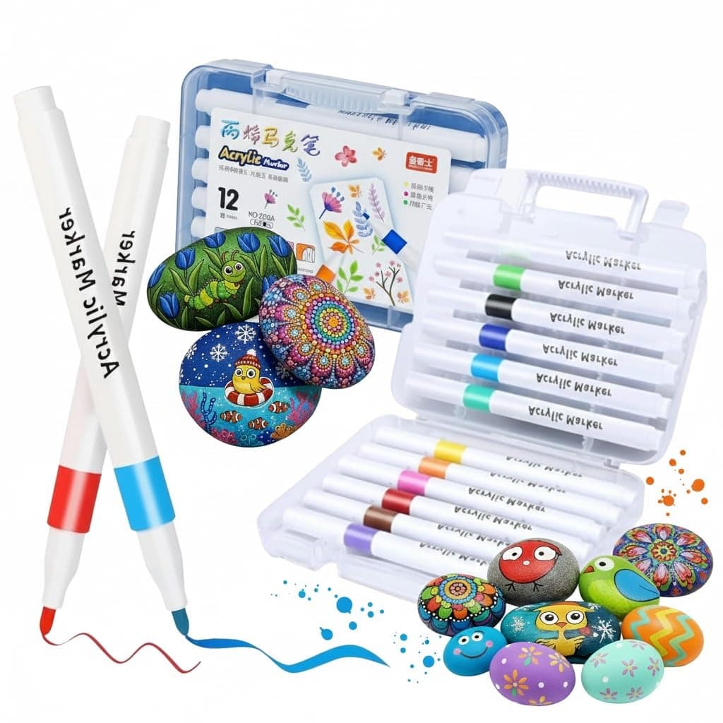 Corslet Acrylic Paint Markers Set of 12 – Acrylic Pens for Painting on Rock, Wood, Glass, Canvas & Ceramic, Vibrant Marker Colour Set for Kids & Artists, Fine & Bold Point Paint Pens for Craft