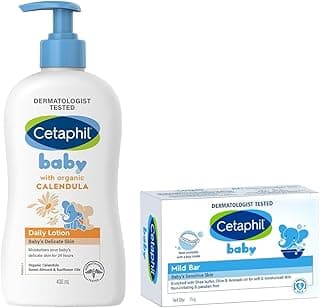 Cetaphil Baby Daily Moisturizing Lotion 400ml with Organic Calendula for Face & Body, Moisturizer for Kids&Cetaphil Baby Mild Bar 75gm, Kids Soap for Bath, White, Medium